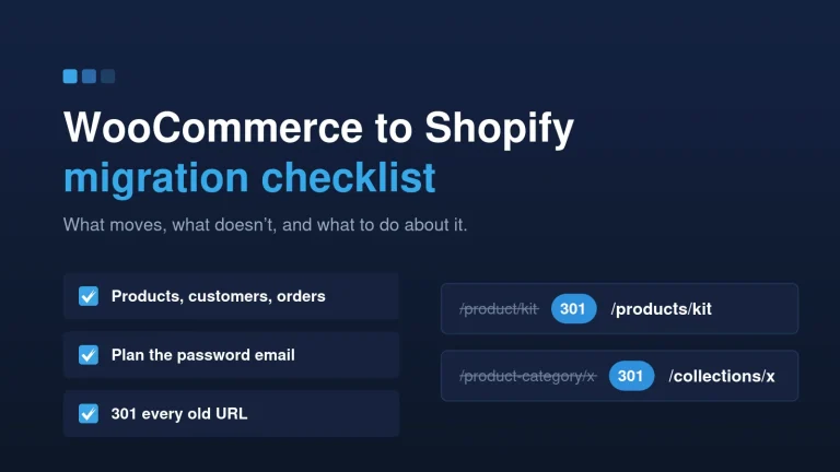 WooCommerce to Shopify migration checklist: old WooCommerce URLs 301-redirected to Shopify product and collection URLs