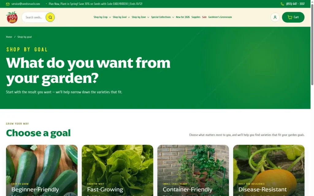 Shop by Goal page connecting gardening goals to seed collections