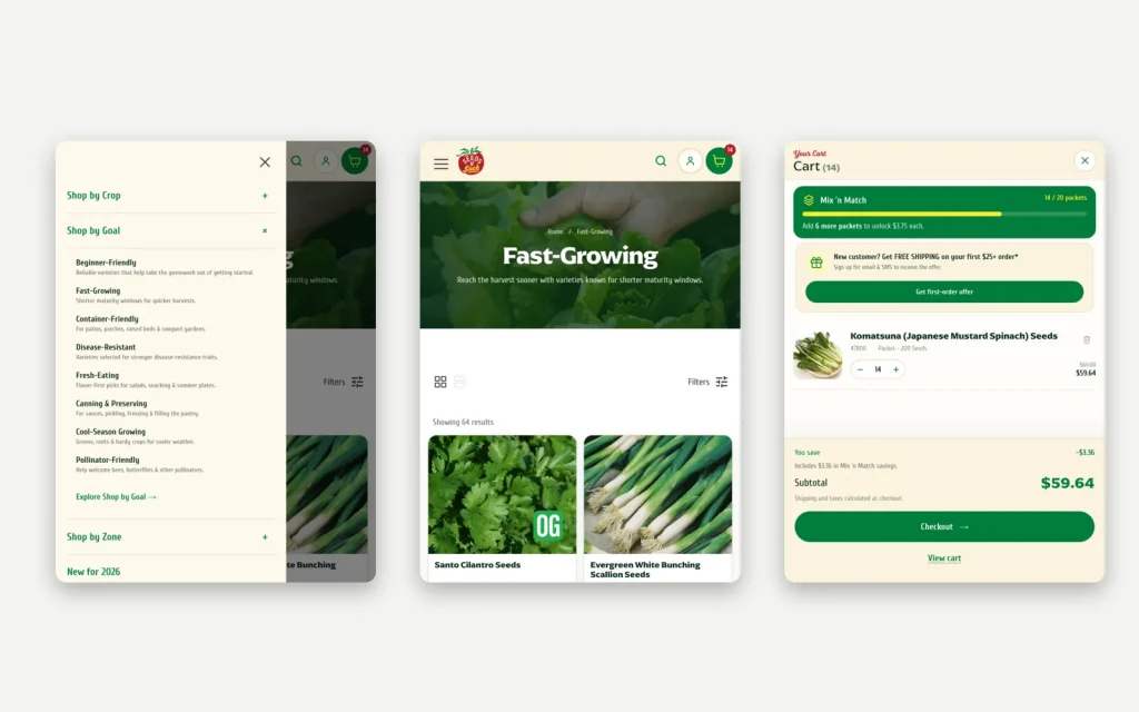 Seeds 'n Such mobile navigation, collection and Mix 'n Match cart views