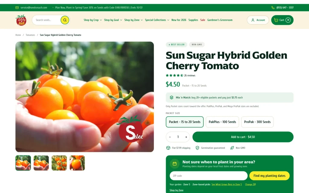 Seed product page with packet options and growing information