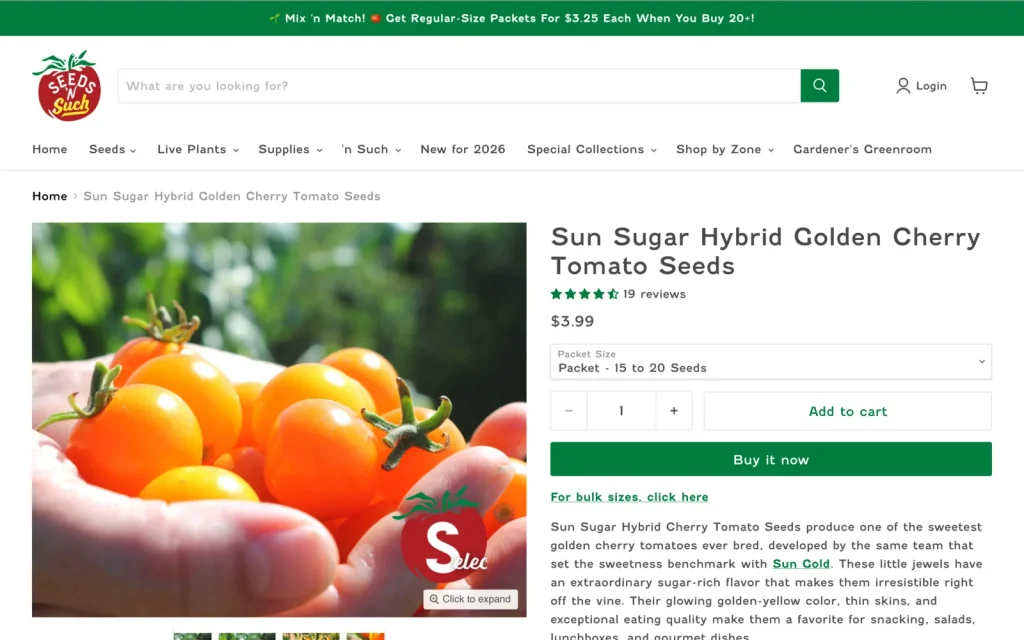 Seeds 'n Such product page before the redesign