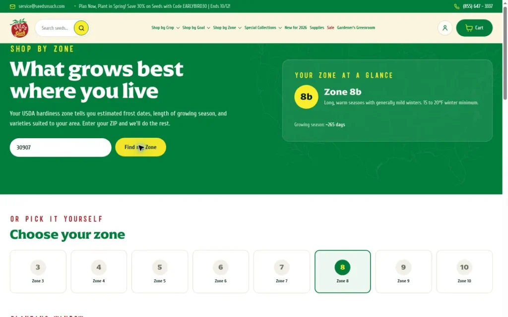 ZIP-based growing zone finder on the Seeds 'n Such Shopify store